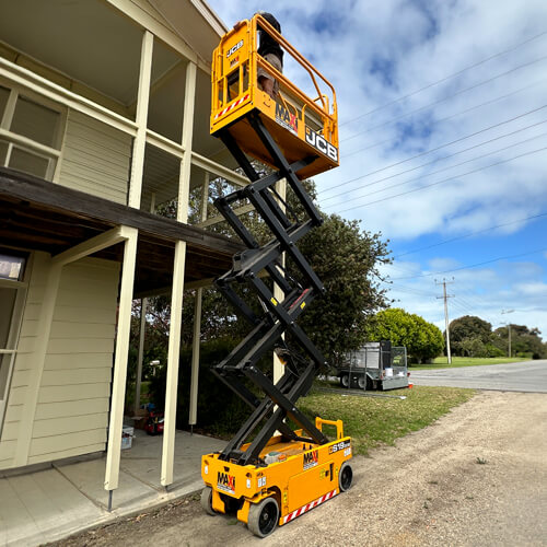 Maxi Equipment Hire - Scissor Lift Hire page image of JCB 19 Foot Electric Scissor Lift extended.