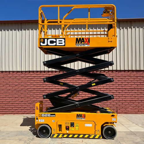 Maxi Equipment Hire - Scissor Lift Hire page image of JCB 26 Foot Electric Scissor Lift extended.