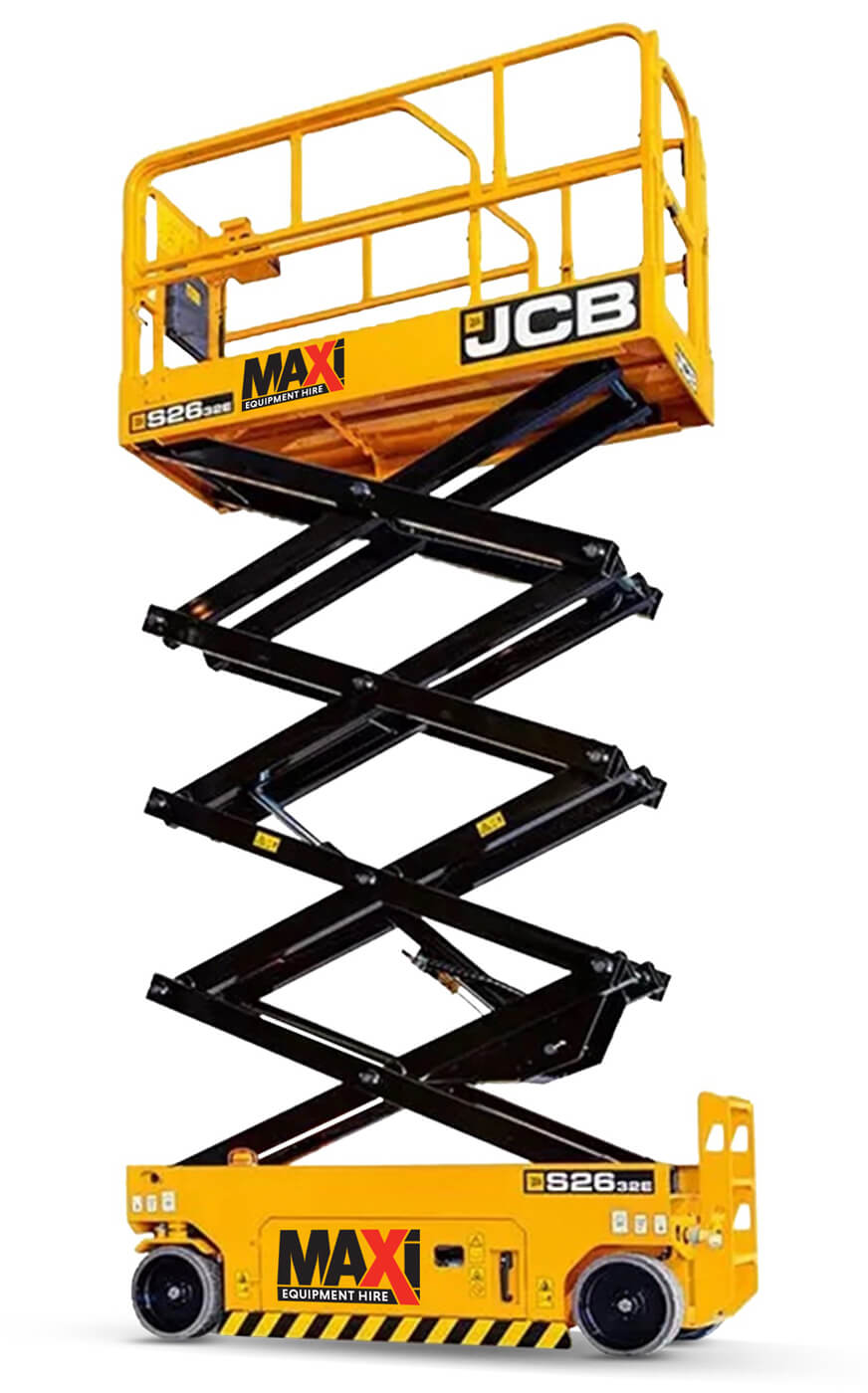 Maxi Equipment Hire - Scissor Lift Hire page image of JCB 26 Foot Electric Scissor Lift fully extended.